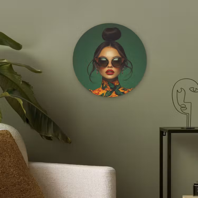 Vrouw - Groen - Modern - Bril - Abstract Akoestische PET Vilt - Rond klein -sfeer2