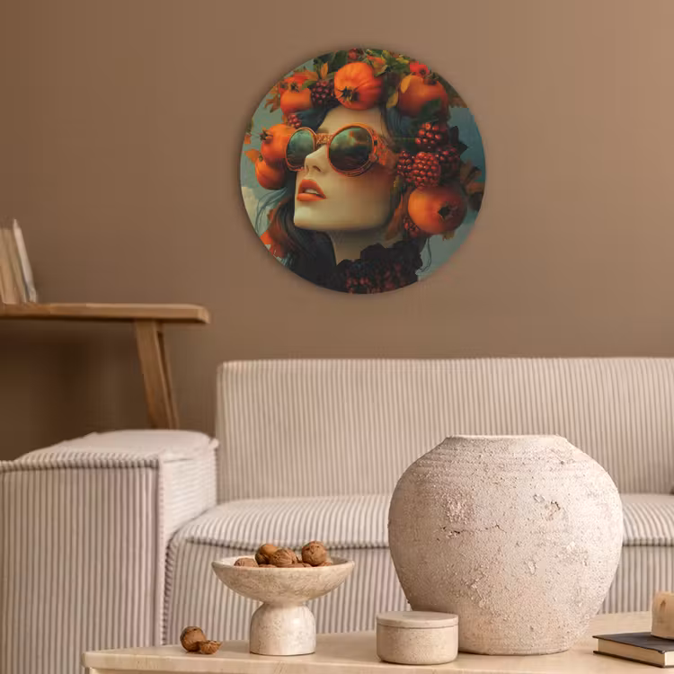 Vrouw - Granaatappel - Herfst - Zonnebril Akoestische PET Vilt - Rond klein -sfeer1