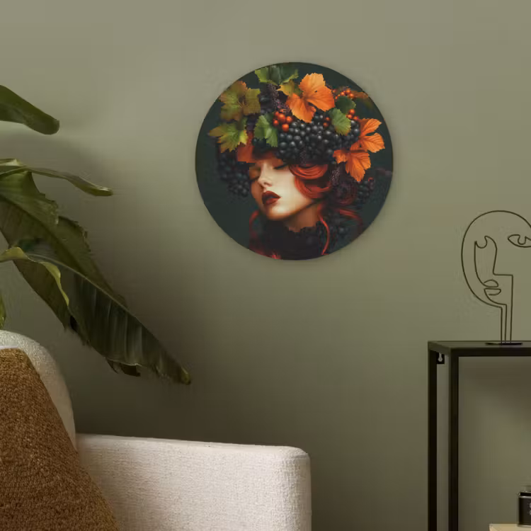 Vrouw - Rood - Groen - Druiven Akoestische PET Vilt - Rond klein -sfeer2