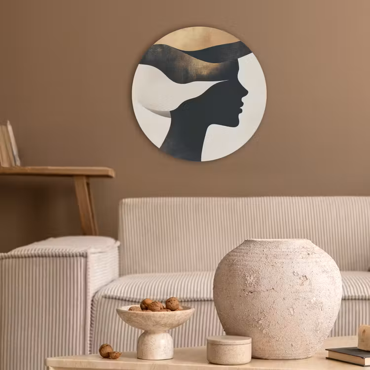 Vrouw - Golven - Zwart Akoestische PET Vilt - Rond klein -sfeer1