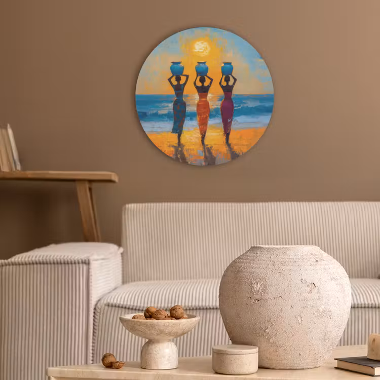 Vrouwen - Strand - Zondsondergang Akoestische PET Vilt - Rond klein -sfeer1