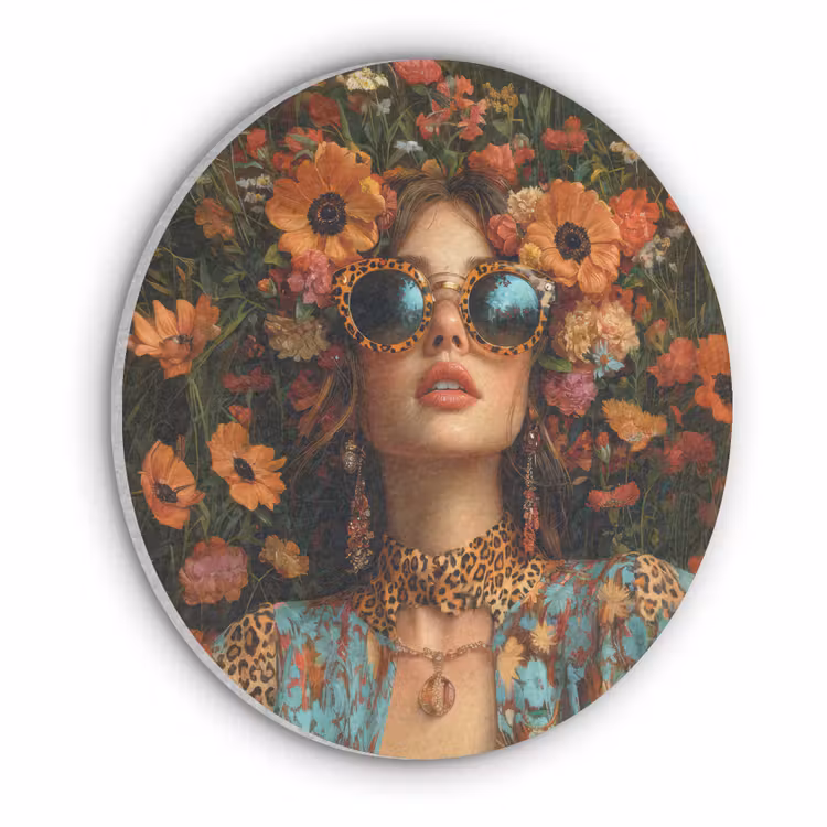 Vrouwen - Bloemen - Modern - Bril - Abstract Akoestische PET Vilt - Rond klein -3d