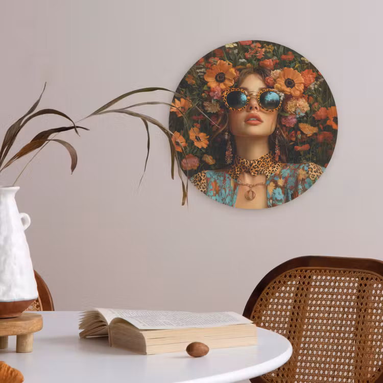 Vrouwen - Bloemen - Modern - Bril - Abstract Akoestische PET Vilt - Rond klein -sfeer3