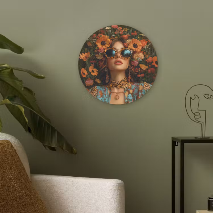 Vrouwen - Bloemen - Modern - Bril - Abstract Akoestische PET Vilt - Rond klein -sfeer2