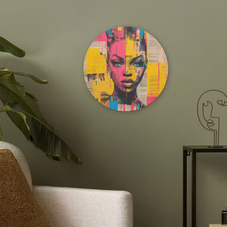 Vrouwengezicht - Krantenpapier - Abstract - Roze Akoestische PET Vilt - Rond klein -sfeer2