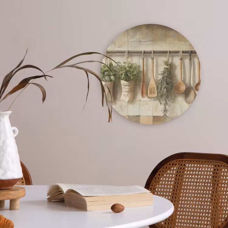 Hout - Keukengerei - Stilleven - Tegels Akoestische PET Vilt - Rond klein -sfeer3