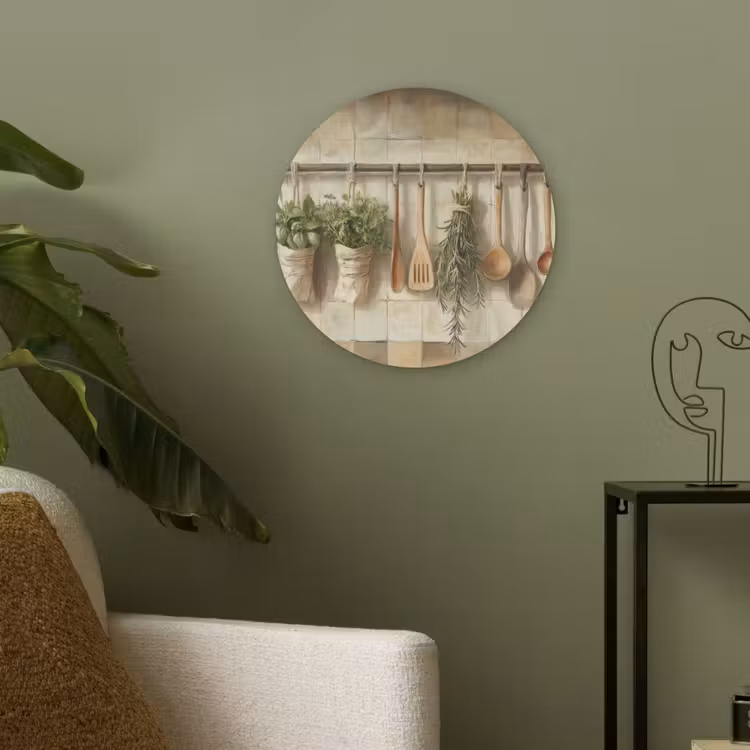 Hout - Keukengerei - Stilleven - Tegels Akoestische PET Vilt - Rond klein -sfeer2