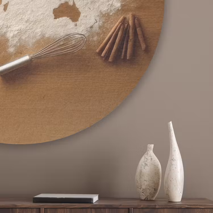 Hout - Wereldkaart - Bakken - Keuken Akoestische PET Vilt - Rond klein -sfeer5_closeup