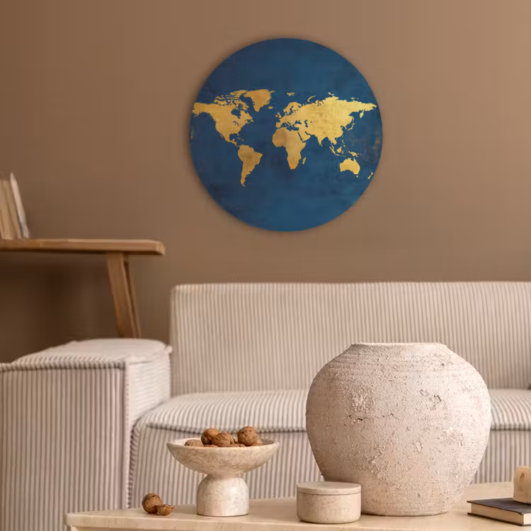 Wereldkaart - Goud - Donkerblauw Akoestische PET Vilt - Rond klein -sfeer1