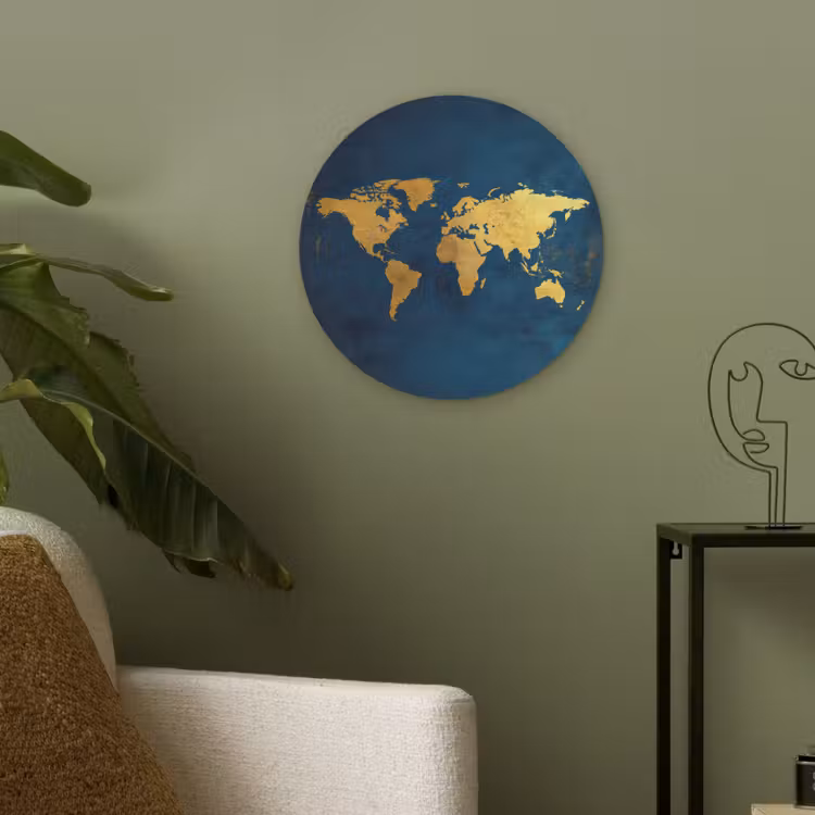 Wereldkaart - Goud - Donkerblauw Akoestische PET Vilt - Rond klein -sfeer2