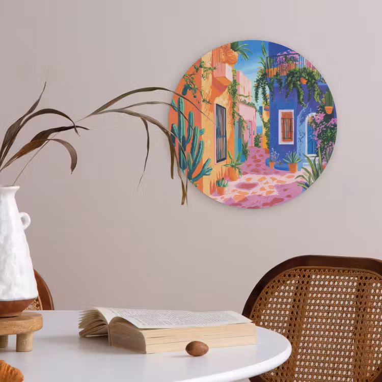 Geel - Blauw - Oranje - Huis Akoestische PET Vilt - Rond klein -sfeer3
