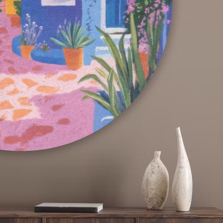 Geel - Blauw - Oranje - Huis Akoestische PET Vilt - Rond klein -sfeer5_closeup
