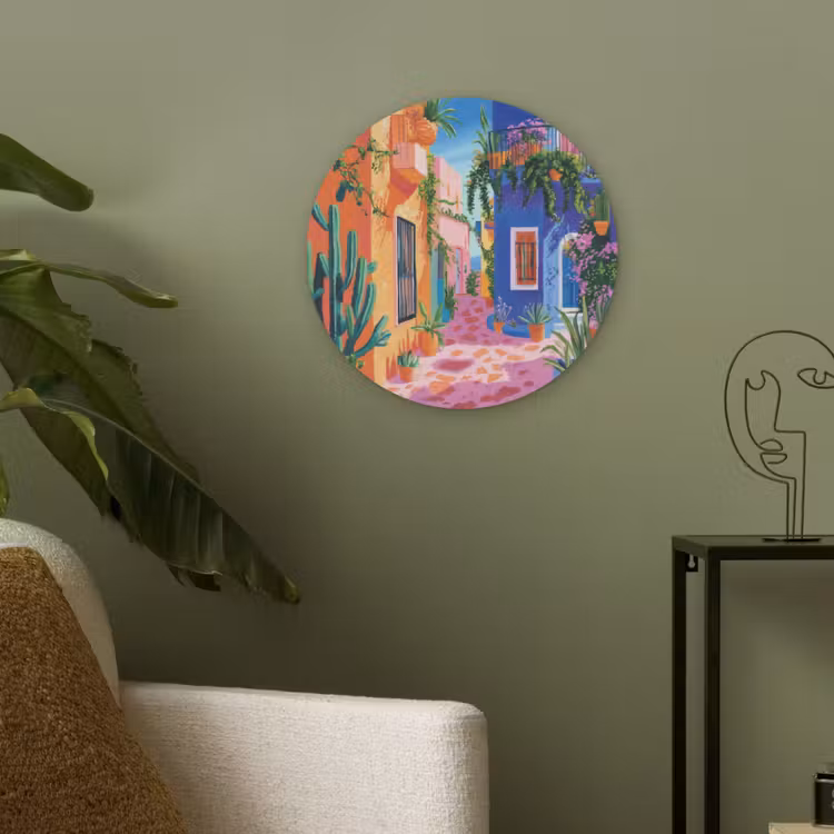 Geel - Blauw - Oranje - Huis Akoestische PET Vilt - Rond klein -sfeer2