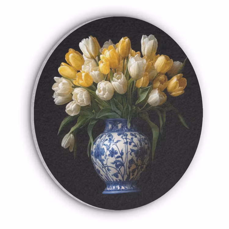 Geel - Tulpen - Vaas - Bloemen Akoestische PET Vilt - Rond klein -3d