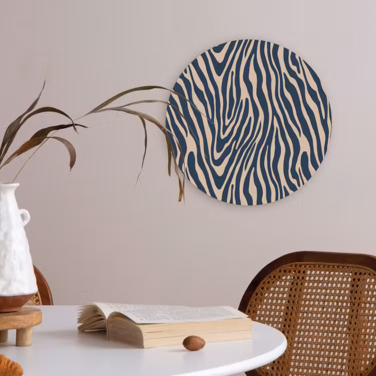 Zebra - Patroon - Blauw - Beige Akoestische PET Vilt - Rond klein 838 -sfeer3
