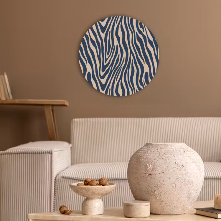 Zebra - Patroon - Blauw - Beige Akoestische PET Vilt - Rond klein 838 -sfeer1