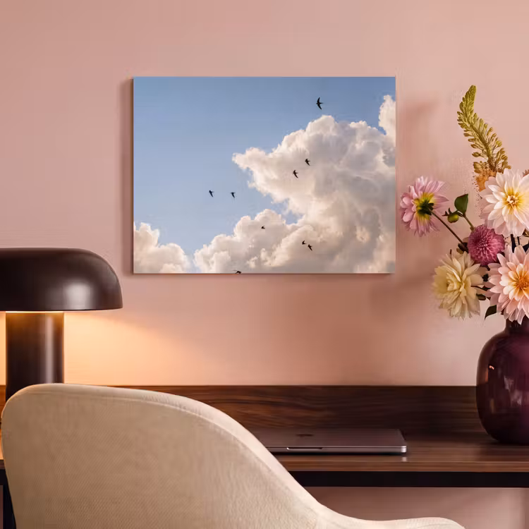Vogel - Vlucht - Wolken - Natuur - Blauw PET vilt klein -sfeer3