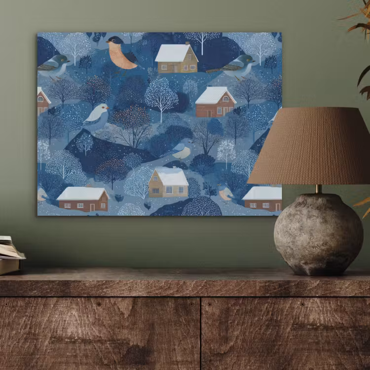 Huisjes - Vogels - Sneeuw - Winter - Blauw PET vilt klein 837 -sfeer2