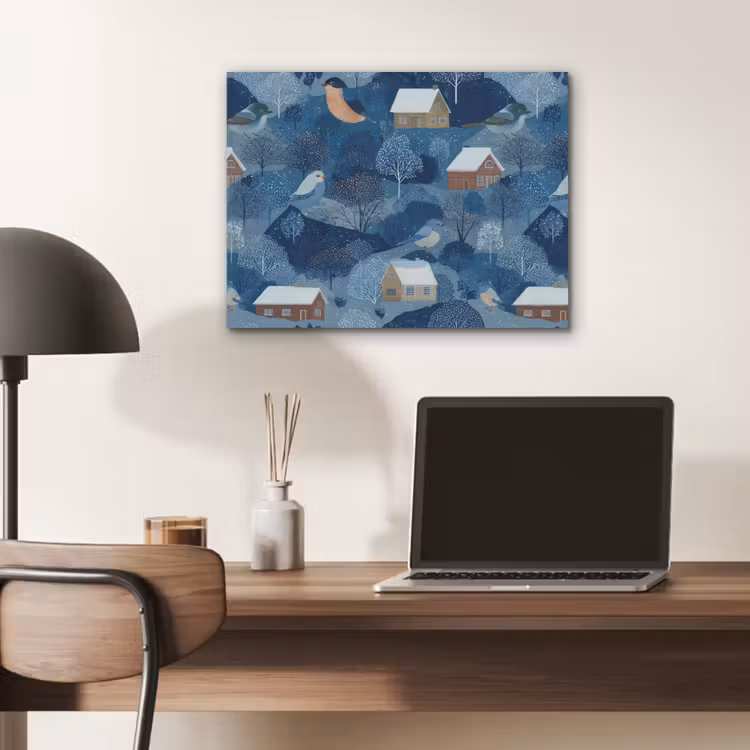 Huisjes - Vogels - Sneeuw - Winter - Blauw PET vilt klein 837 -sfeer5
