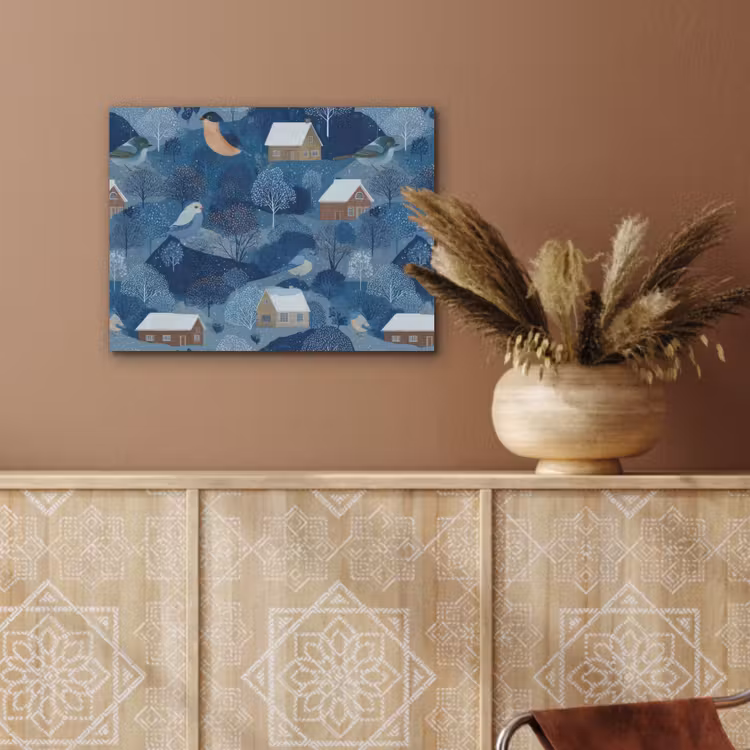 Huisjes - Vogels - Sneeuw - Winter - Blauw PET vilt klein 837 -sfeer4