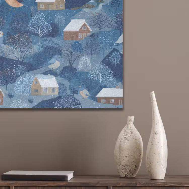 Huisjes - Vogels - Sneeuw - Winter - Blauw PET vilt klein 837 -sfeer6_closeup