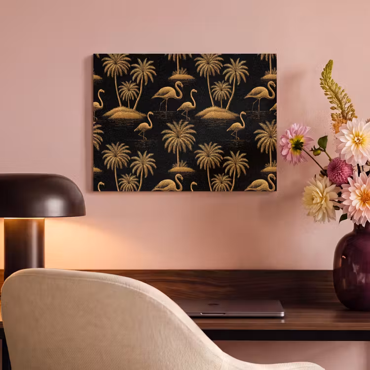 Flamingo - Palmbomen - Tropisch - Goud - Zwart PET vilt klein 837 -sfeer3