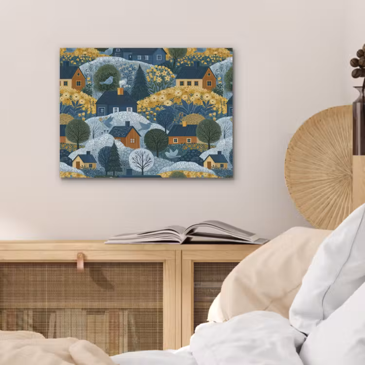 Huisjes - Bloemen - Patroon - Geel - Blauw PET vilt klein 837 -sfeer3
