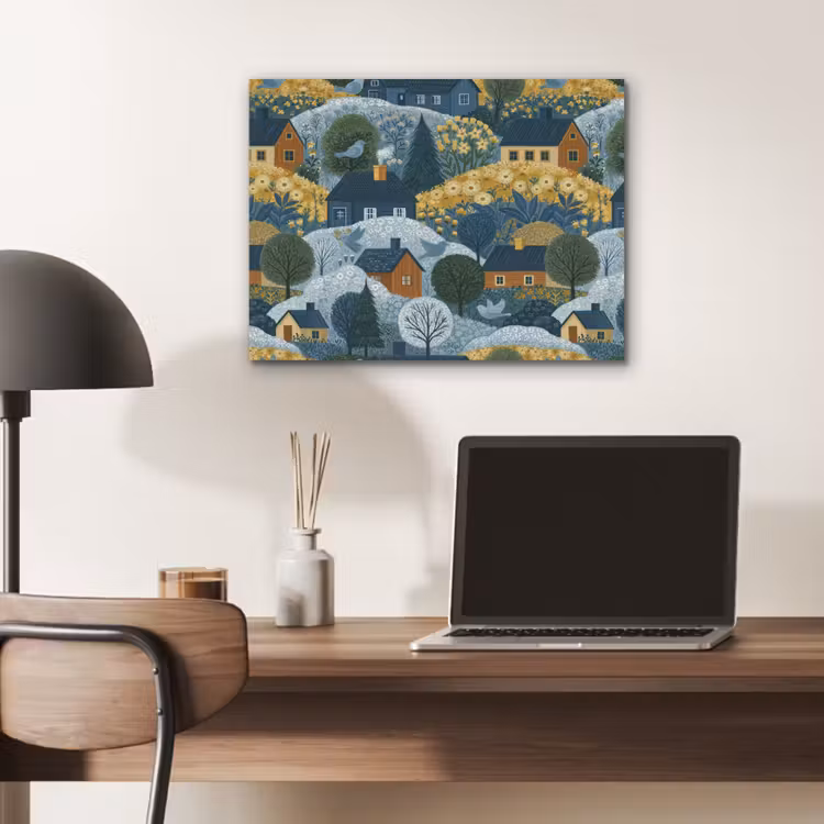 Huisjes - Bloemen - Patroon - Geel - Blauw PET vilt klein 837 -sfeer5