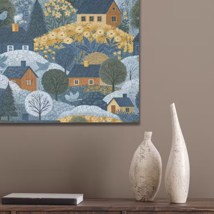 Huisjes - Bloemen - Patroon - Geel - Blauw PET vilt klein 837 -sfeer6_closeup
