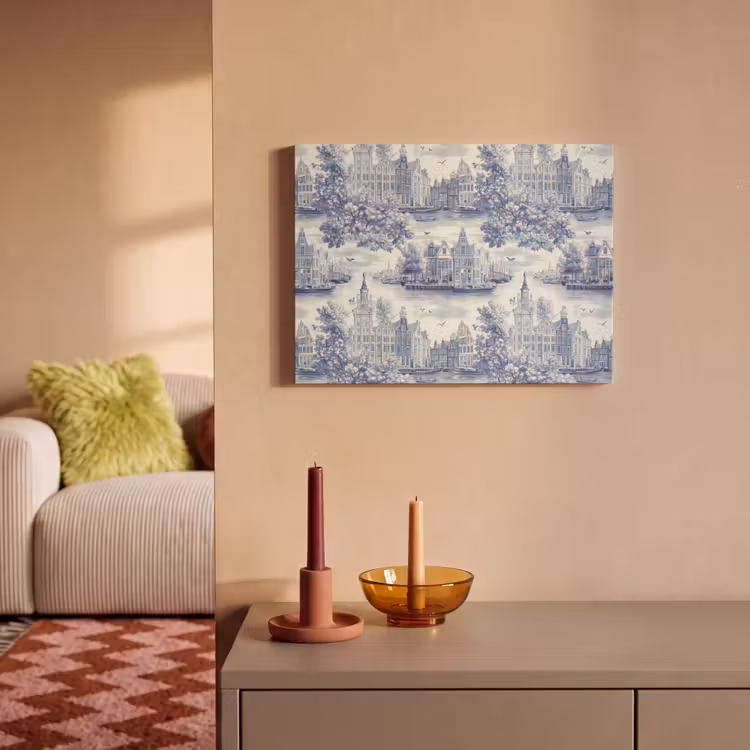 Huizen - Bomen - Water - Vogels - Blauw PET vilt klein 837 -sfeer1
