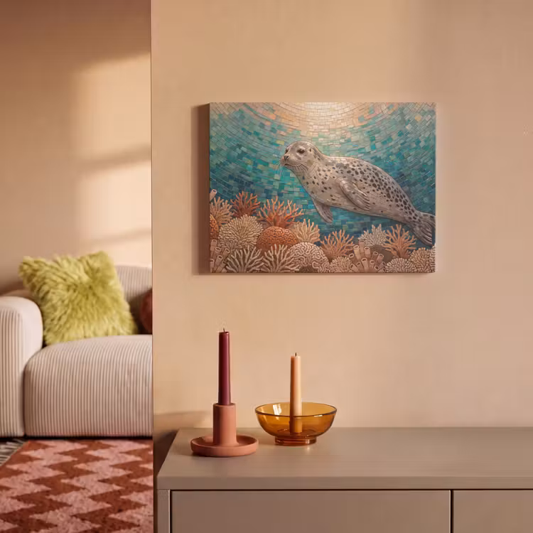 Zeehond - Mozaïek - Onderwater - Dieren - Blauw PET vilt klein -sfeer1