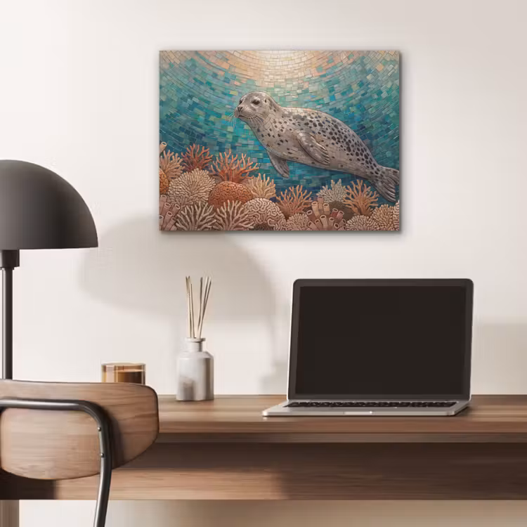 Zeehond - Mozaïek - Onderwater - Dieren - Blauw PET vilt klein -sfeer5
