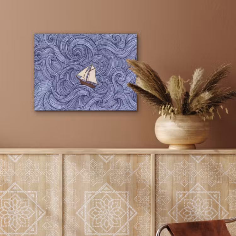 Schip - Golven - Zee - Illustratie - Blauw PET vilt klein -sfeer4