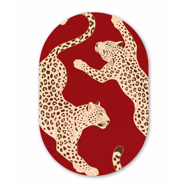 Dieren - Luipaard - Abstract - Rood - Modern Wandcirkel Ovaal Aluminium middel -3d