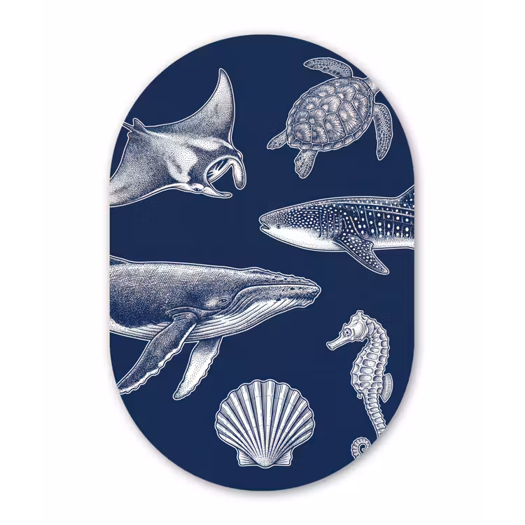 Dieren - Zeeleven - Oceaan - Graveren - Blauw Wandcirkel Ovaal Aluminium middel -3d