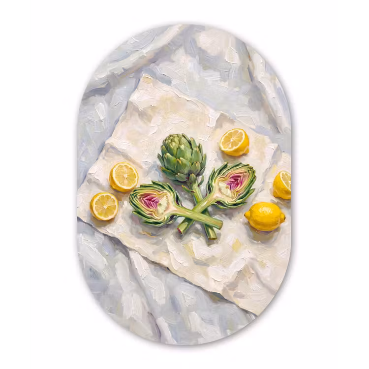 aluminium oval wall art - Artichoke - Lemon - Food - Artisjok - Citroen - Eten Wandcirkel Ovaal Aluminium middel