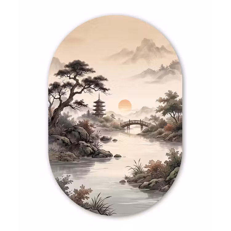 Azië - Landschap - Kleurrijk Wandcirkel Ovaal Aluminium middel -3d