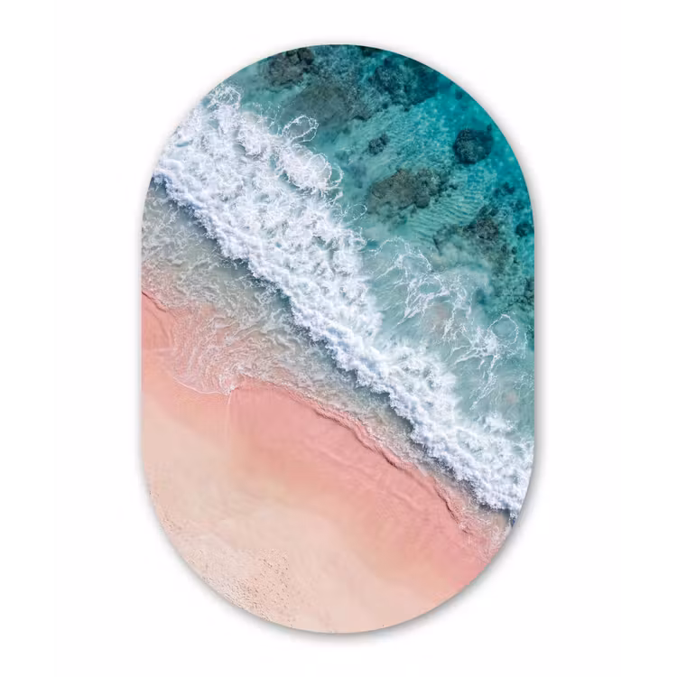 Strand - Oceaan - Golven - Roze Zand - Natuur Wandcirkel Ovaal Aluminium middel -3d
