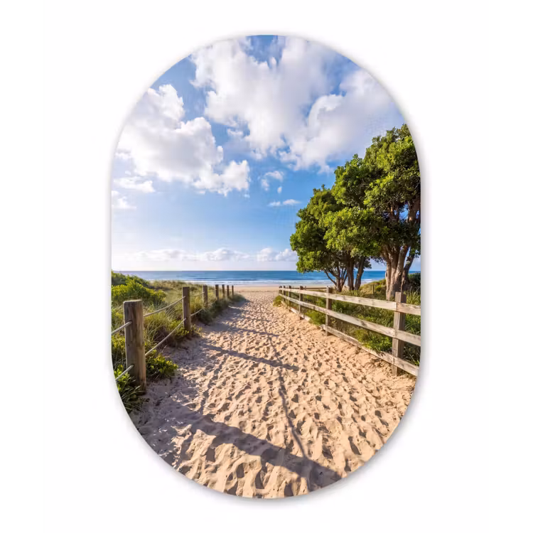 Strand - Zandpad - Oceaan - Natuur Wandcirkel Ovaal Aluminium middel -3d