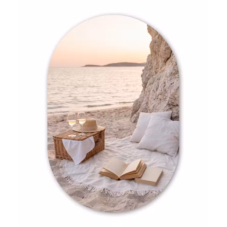 Strand - Picknick - Zonsondergang - Zomer - Natuur Wandcirkel Ovaal Aluminium middel -3d