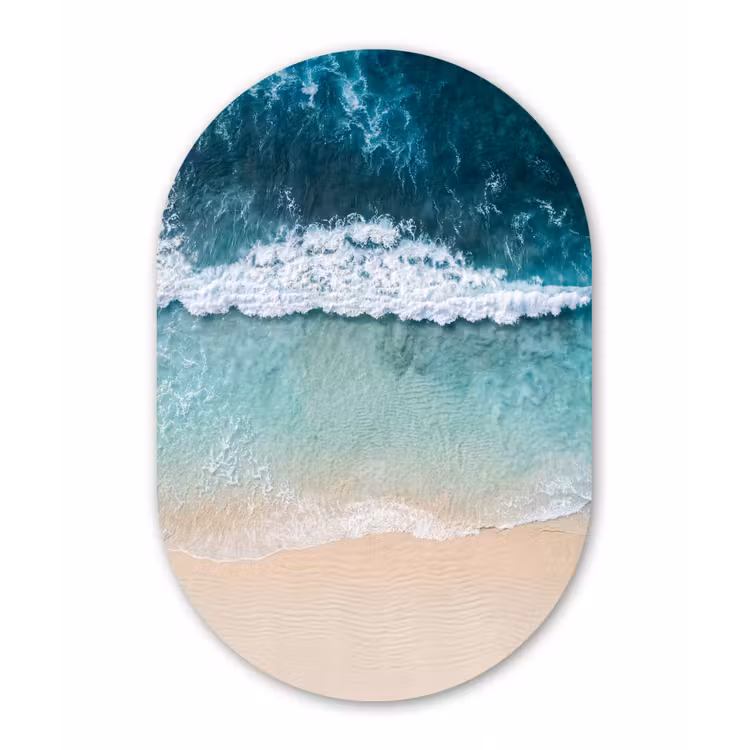Strand - Zee - Golven - Natuur - Blauw Wandcirkel Ovaal Aluminium middel -3d