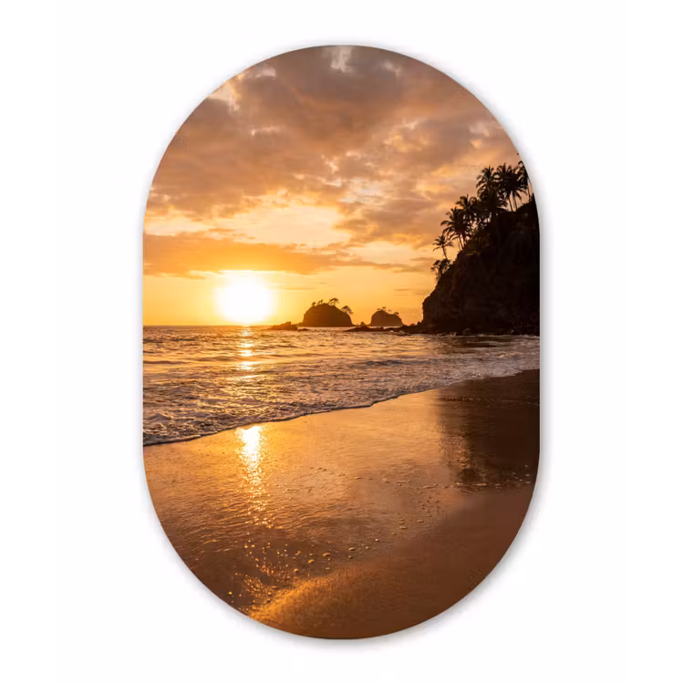 Strand - Zonsondergang - Natuur - Tropisch - Oranje Wandcirkel Ovaal Aluminium middel -3d