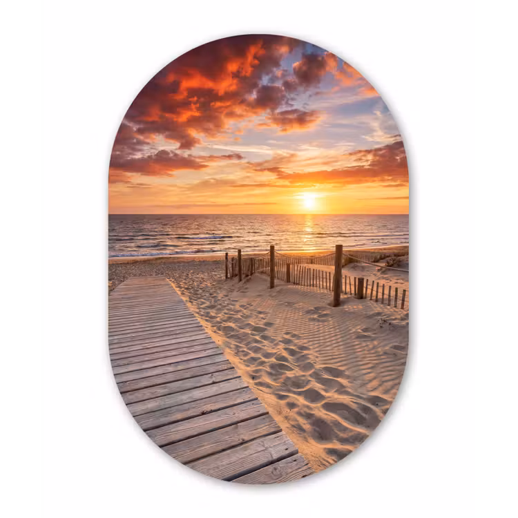 Strand - Zonsondergang - Zee - Natuur - Oranje Wandcirkel Ovaal Aluminium middel -3d