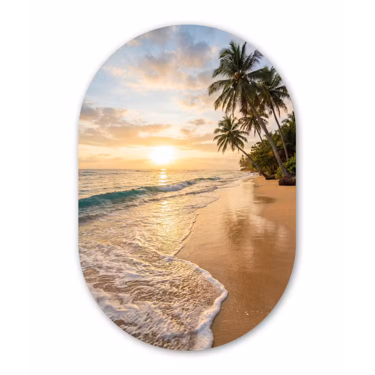 Strand - Zonsondergang - Tropisch - Natuur - Goud Wandcirkel Ovaal Aluminium middel -3d