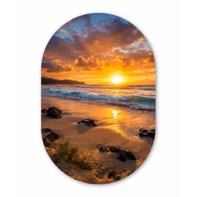 Strand - Zonsondergang - Golven - Natuur - Oranje Wandcirkel Ovaal Aluminium middel -3d