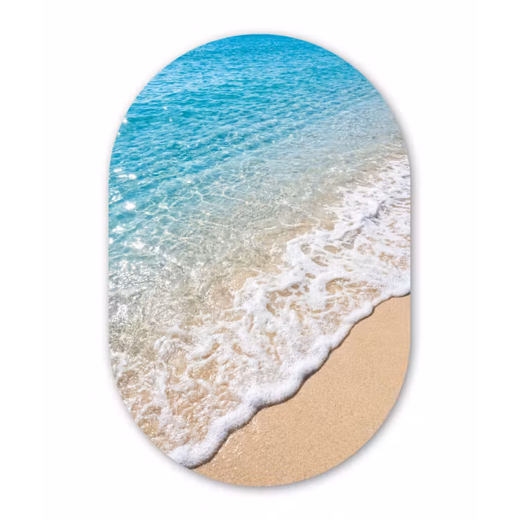 Strand - Water - Natuur - Blauw - Beige Wandcirkel Ovaal Aluminium middel -3d