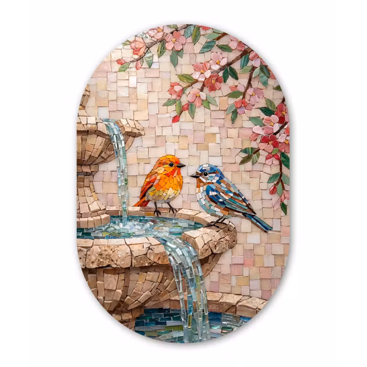 Vogel - fontein - mozaiek - kleurrijk - dieren Wandcirkel Ovaal Aluminium middel -3d