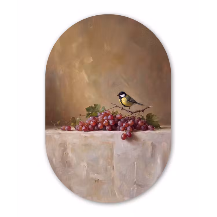 aluminium oval wall art - Bird - Grapes - Still Life - Vogel - Druiven - Stilleven Wandcirkel Ovaal Aluminium middel
