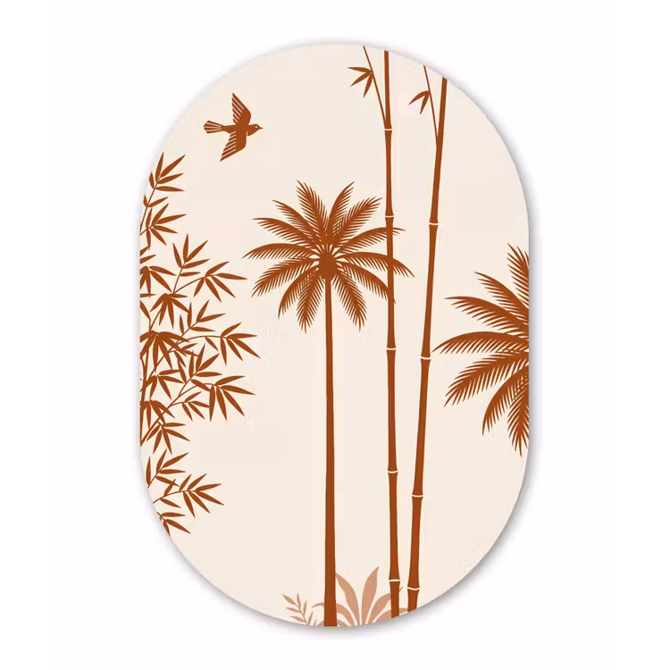 Vogel - Boom - Tropisch - Minimalistisch - Bruin Wandcirkel Ovaal Aluminium middel -3d