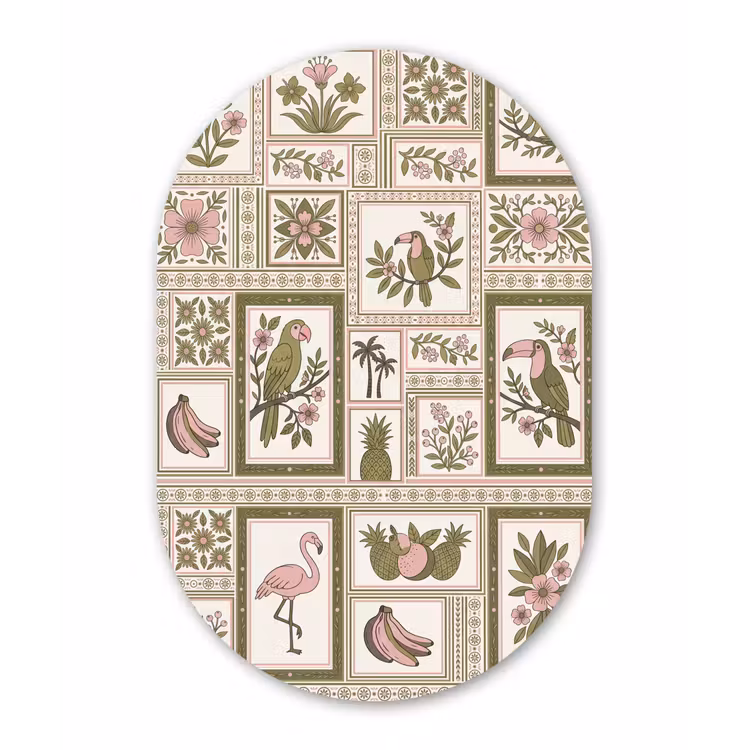 Vogel - Tropisch - Patroon - Decoratief - Groen Wandcirkel Ovaal Aluminium middel -3d